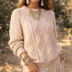 Hand Knit Custom Design Heavy Cable Creamy Whisper Pink Crew Neck Sweater